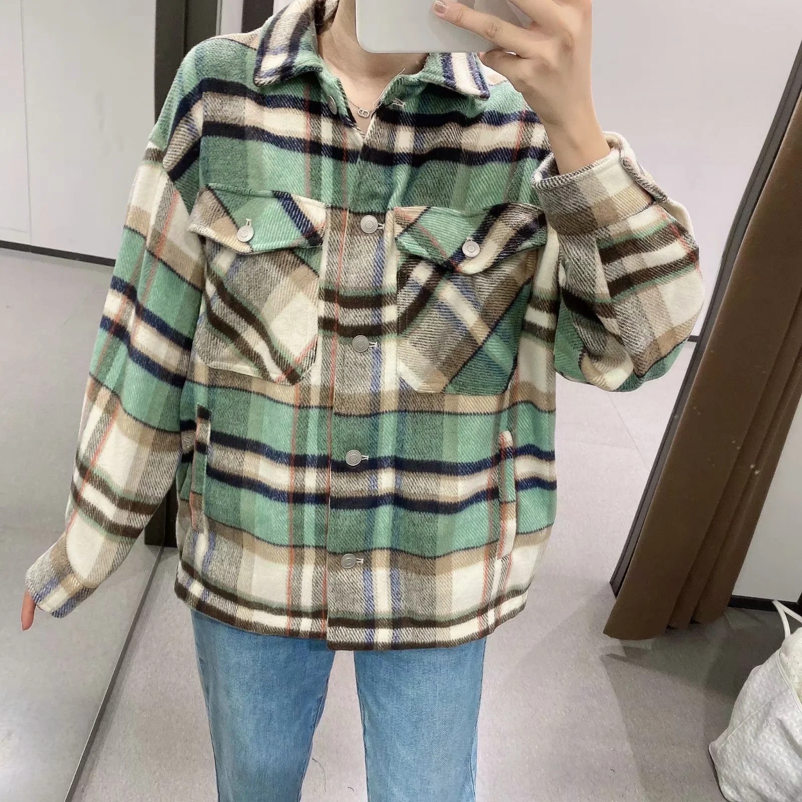 Fashion green Plaid jacket women winter coat Long Sleeve coats and s Oversized 210521