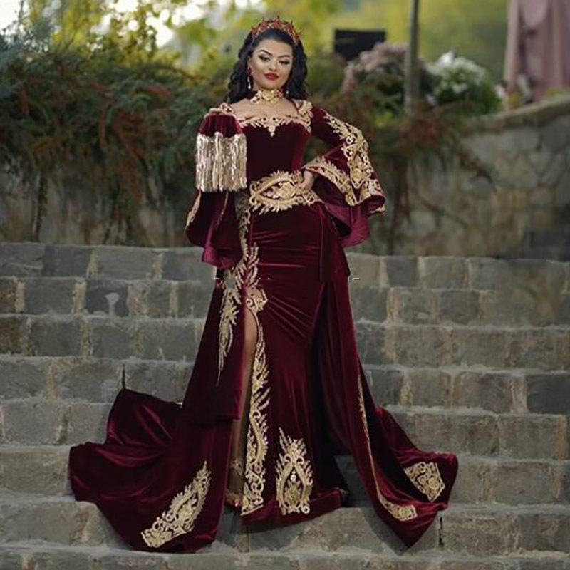 Moroccan Caftan Arabic Evening Dresses with Detachable Train Appliques Gold Lace Long Sleeve Mermaid Velvet Prom Party Gowns Formal Event Dress