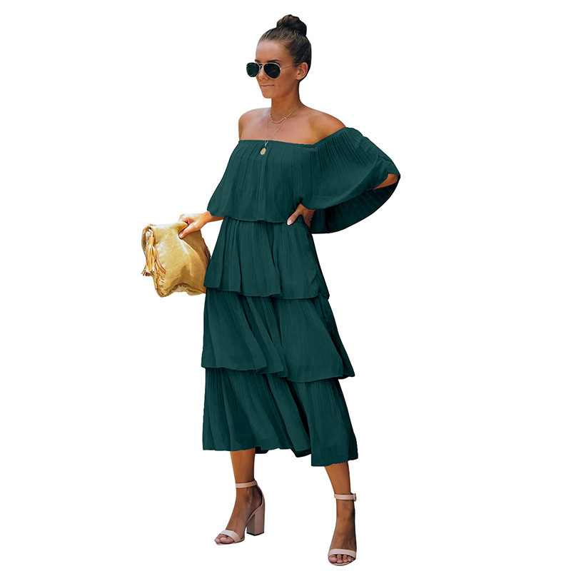 Women Dress Slash Neck Off Shoulder Ruffles Bohemian es High Waist Cake Maxi Loose Long Plus Size es 210524