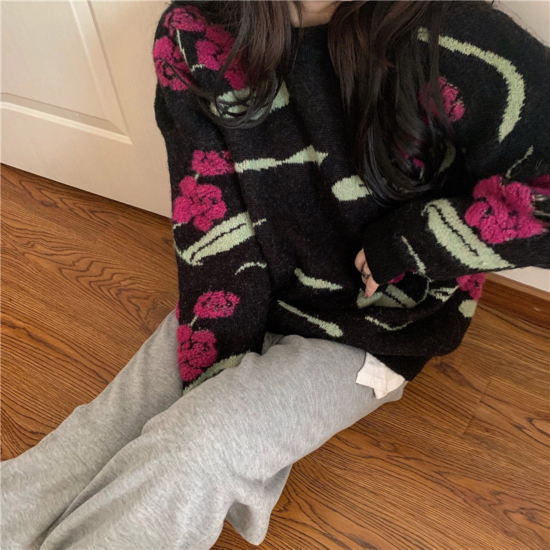 Vintage Print Elegant Loose Knitted Pullovers Embroidery Winter Sweater Women OL Outwear Tops Sweaters Female 210421