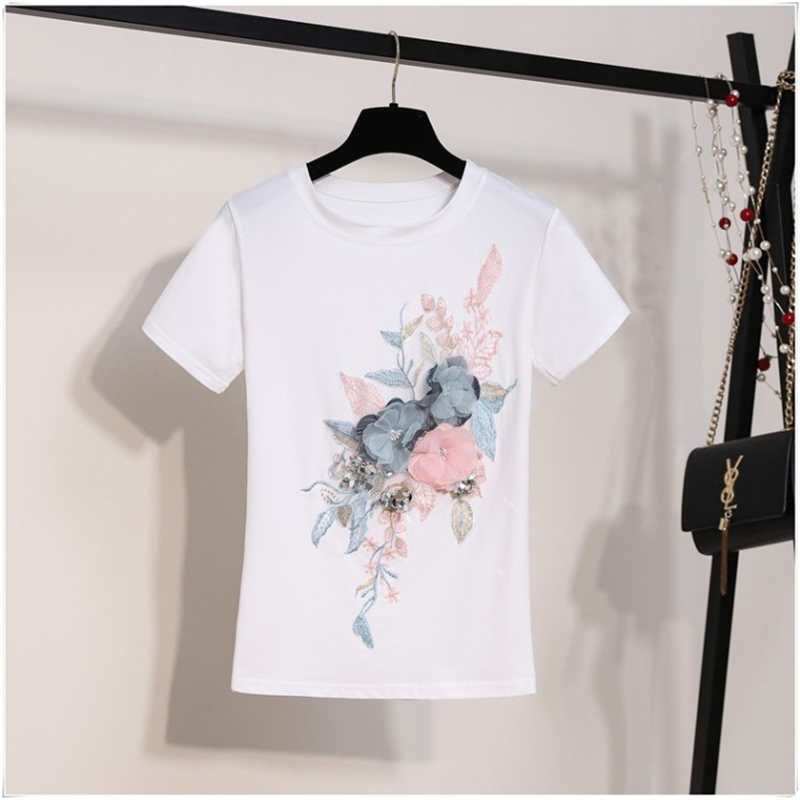 Summer Embroidery Beading Flower T Shirts Women O-Neck Short Sleeve Girl Tops T-shirts Floral Tee Shirt 210519