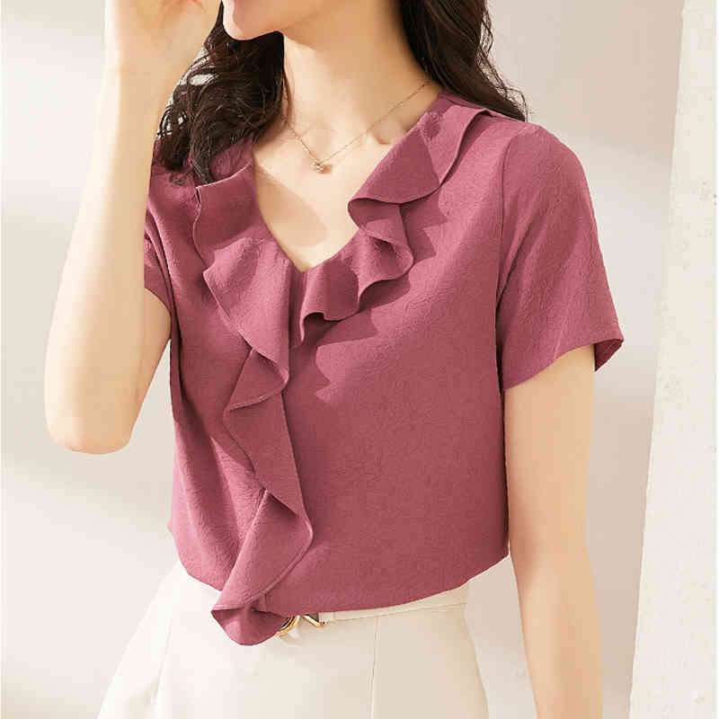 Short Sleeve All-match Slim-Fit Fashion Style Summer Tops and Blouse Solid Color Ruffled Chiffon Shirt Women Blusas Mujer 10055 210417