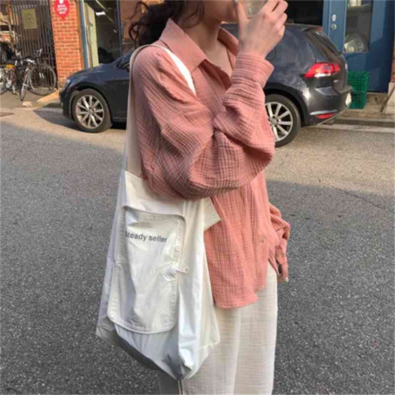 Korea Chic Cotton Lapel Irregular Loose Long Sleeve Pink Shirt Turn-down Collar Womens Tops Blouses 210615Z