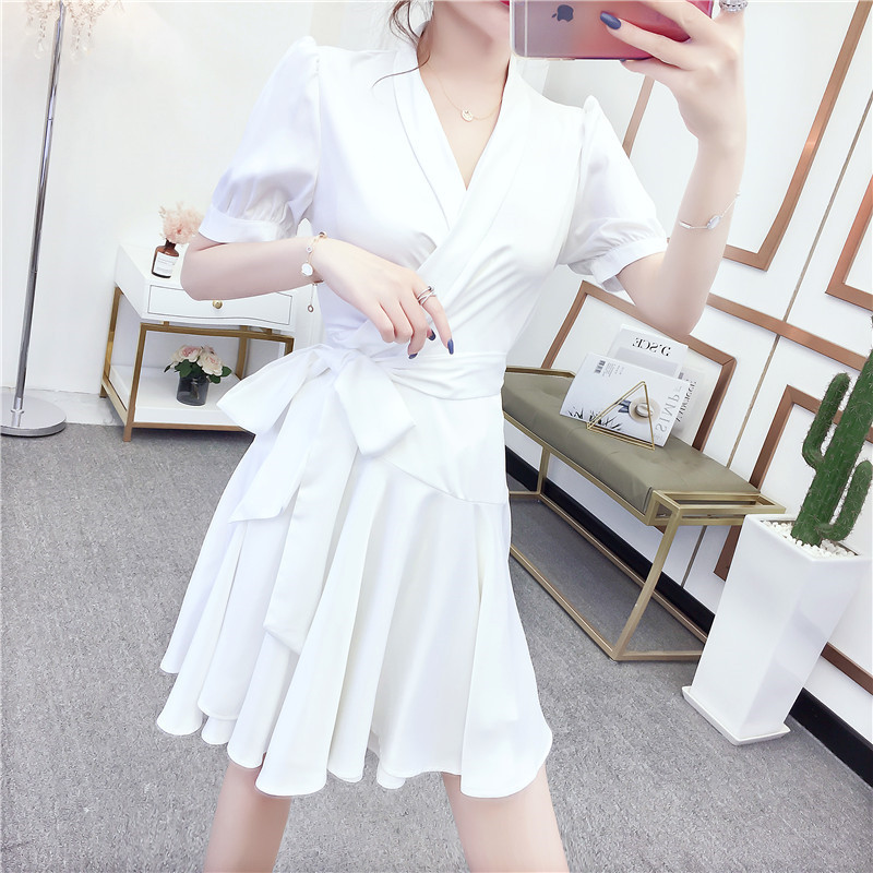 Women Summer Sexy V-Neck Mini Wrap Dress Fashion Elegant High Waisted Sashes Boho Ruffles Beach Short Vestidos 210519
