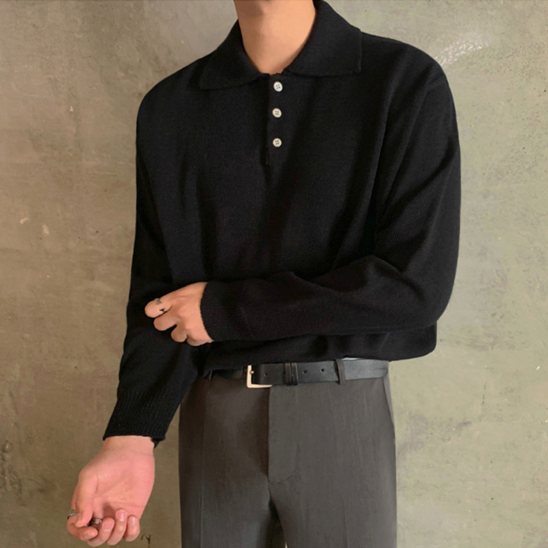 IEFB Spring And Autumn loose polo collar lightweight kintted sweater for men Korean style long sleeve basic kintwear for male 210524
