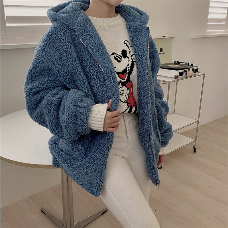 Autumn Winter OL Plus Size Casual Faux Lambwool Coat Women Hooded Fur Jacket Loose Solid Thick Warm Coats Female 210421