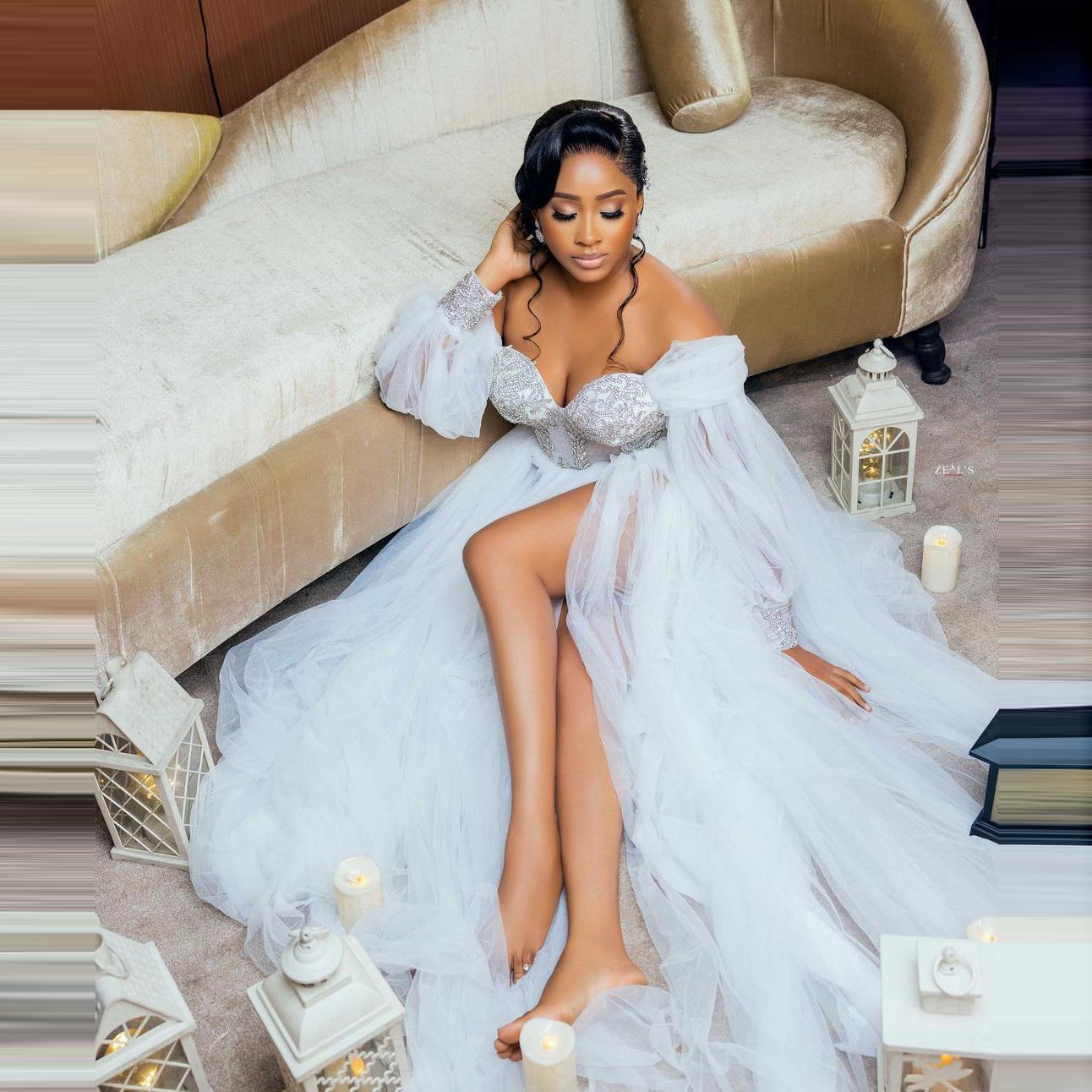 Puffy Long Sleeve Wedding Dresses african Beads Lace Applique Bridal Gowns Off the Shoulder Robe Side Split See Through Photoshoot Robes