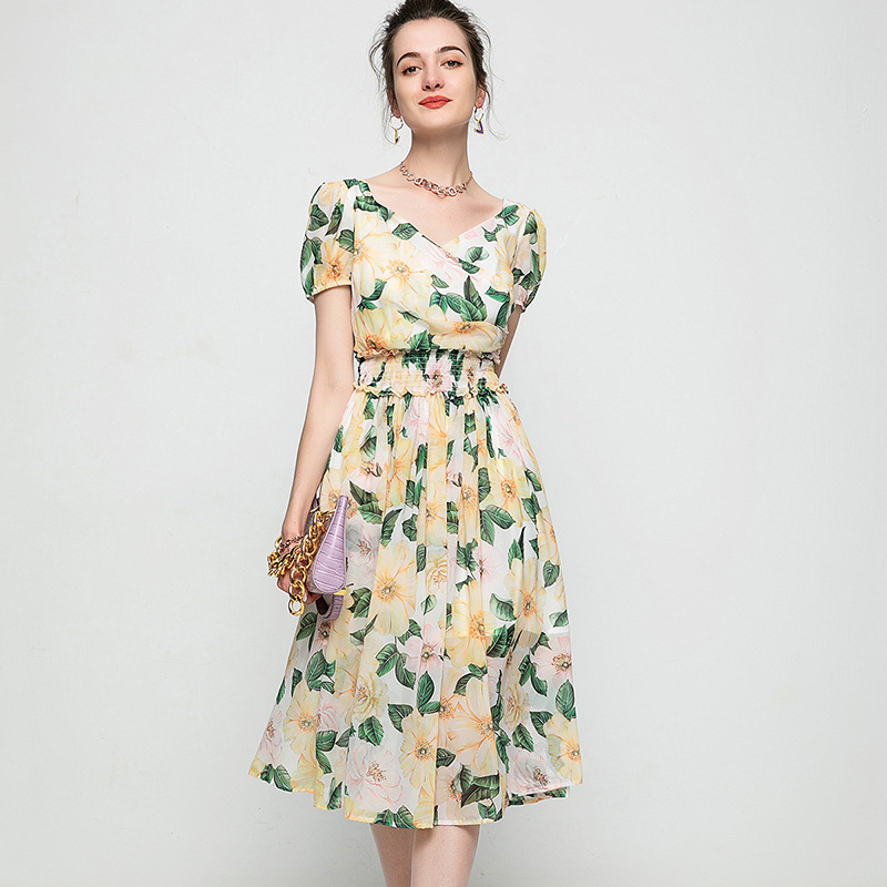 Women's Runway Dresses V Neck Short Sleeves Floarl Printed Elastic Waist Fashion Casual Mid Dress Vestidos