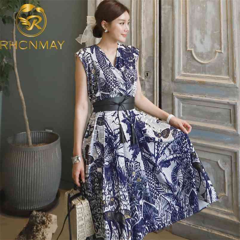 Summer Women Ball Gown Dress Korean Style Floral Print Sleeveless Chiffon Vintage V Neck Belt Party 210506