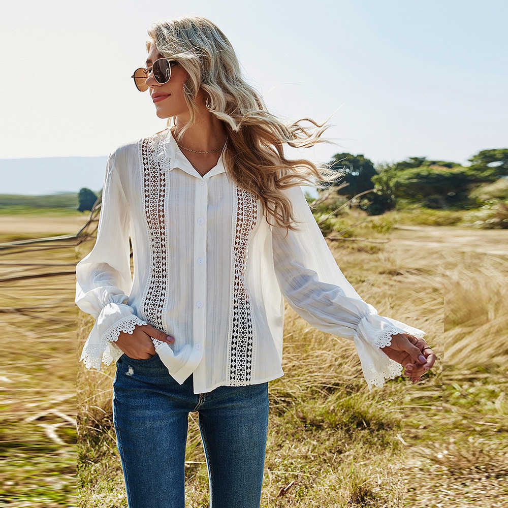 Women White Shirts Spring Summer Stand Neck Flare Long Sleeve Hollow Out Lace Patchwork Blouses Solid Ladies Elegant Shirt Tops 210526