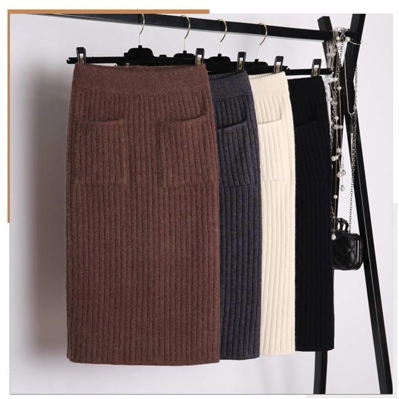 Women's Cotton Knitting Skirts Elastic Stretch Bodycon Sexy Tight Pencil Skirt Knitted Female Autumn Winter 210514