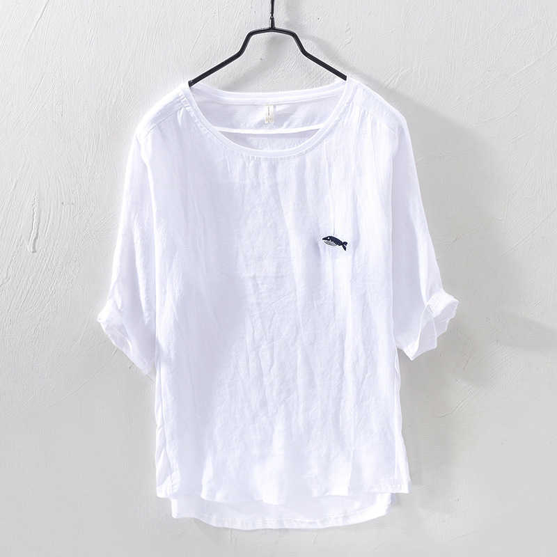 Summer Cotton Linen Patchwork T Shirt For Men Chest Little Whale Embroidery Fashion Short Sleeve Tshirt Loose Tee&Tops 210721