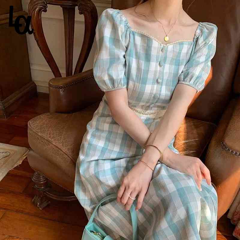 Spring Summer Fashion Dress For Woman Elegant Plaid Botton Square Collar Puff Sleeve High Waist Casual 210519, Blue
Spring Summer Fashion Dress For Woman Elegant Plaid Botton Square Collar Puff Sleeve High Waist Casual 210519, Blue