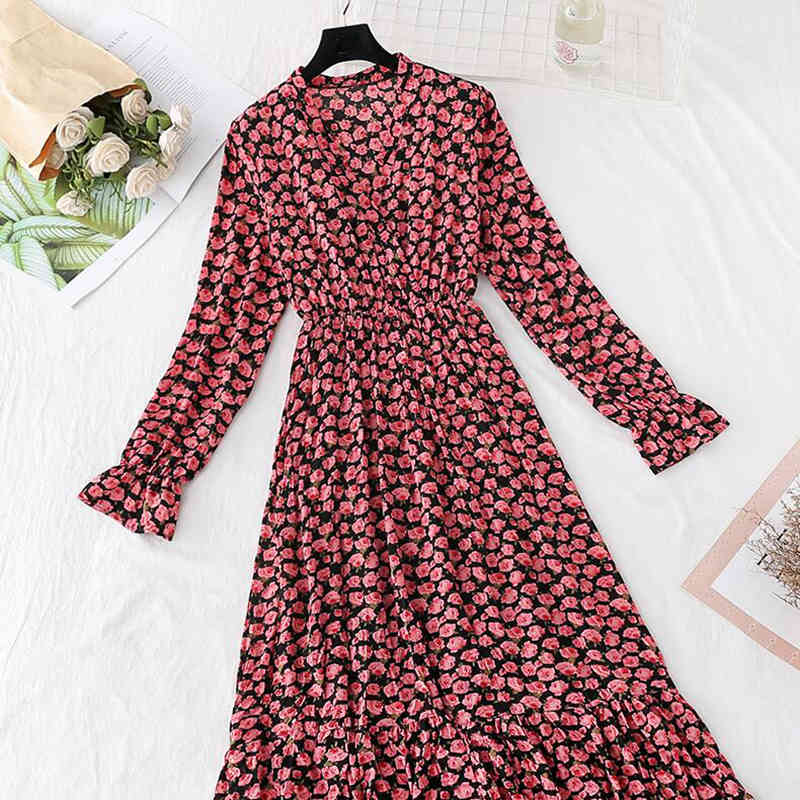 Elegant Chiffon Pleated Midi Dress Spring Fashion Women Long Sleeve Ruffles Print Dresses Elastic Waist Vintage Vestidos 210521