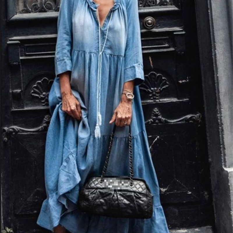 Women Dress Ruffles V-neck Vintage Denim Dresses Plus Size Loose Casual Long Suumer Blue Clothes 210524