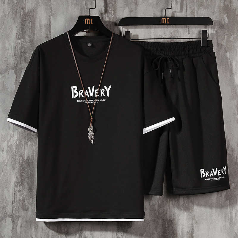 Casual Men's Sets Summer Tracksuit Mens Print Short Sleeve T-shirt 2 Piece+Shorts high Quality Short Set Fashion Sportswear 5XL 210603