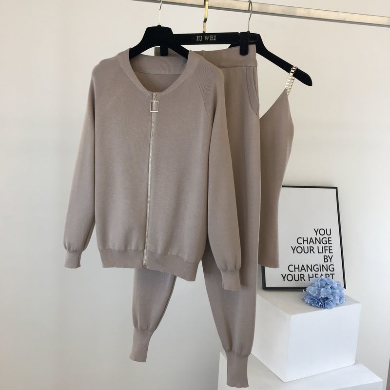 Women Zipper Knitted Cardigans Sweaters + Pants Sets Vest Woman Fashion Jumpers Trousers 2 PCS Costumes Outfit 210506