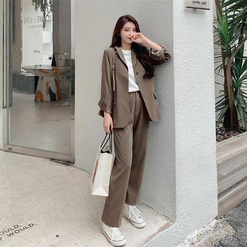 Autumn Women Blazer Pants Suit OL Elegant Work Wear Casual Long Sleeve Blazers + Suits 2 Piece Sets 210421
