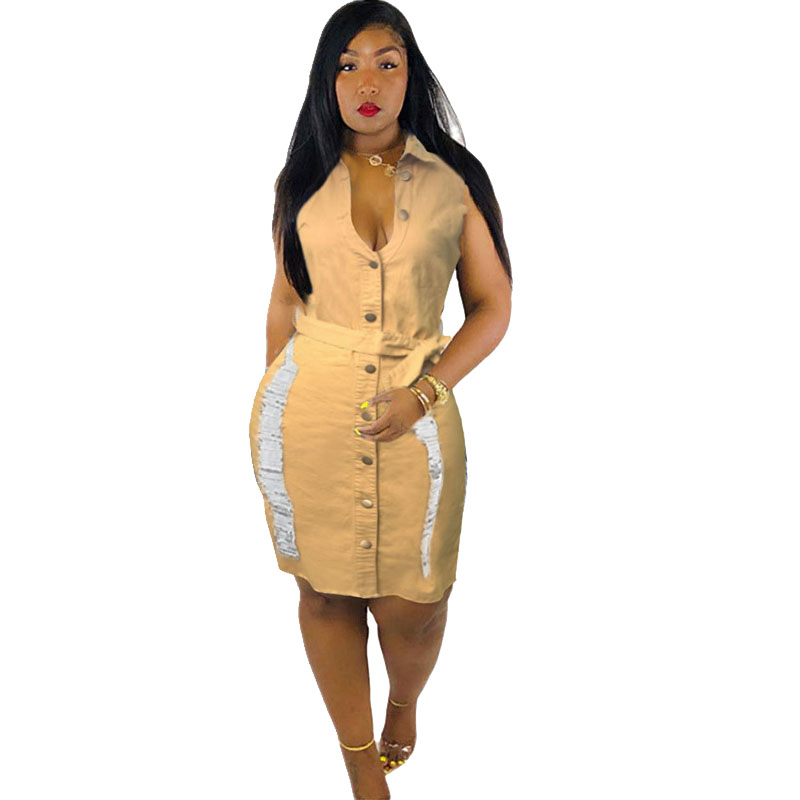 Women Dresses Summer High Waist Polo Denim Dress with Lace Up Bodycon Sexy Plus Size Ripped Dress Wholesale Dropshipping 210331