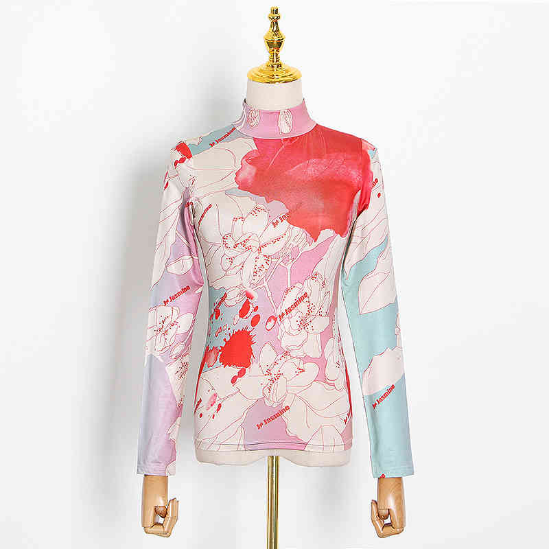 TWOTYLE Causal Print Hit Color Women's Tshirt Turtleneck Long Sleeve Slim Shirts For Female Fashion Clothing 210406