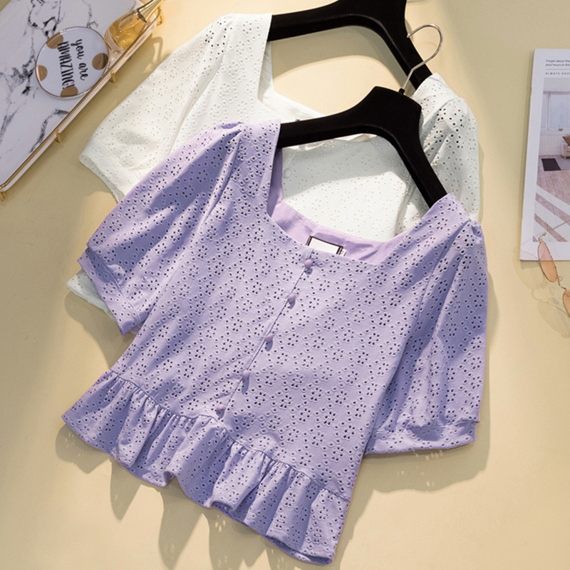 Solid Plus Size Short Sleeve Chiffon Blouses Women Elegant White Shirts Blusas Mujer De Moda Loose Hollow Out Tops 10246 210506