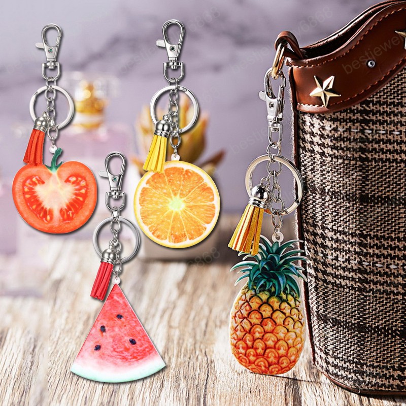 Fashion Fruit Acrylic Keychain For Woman Watermelon Orange Tomato Pineapple Pendant Tassels Key Chains Couple Bag Ornament Gift