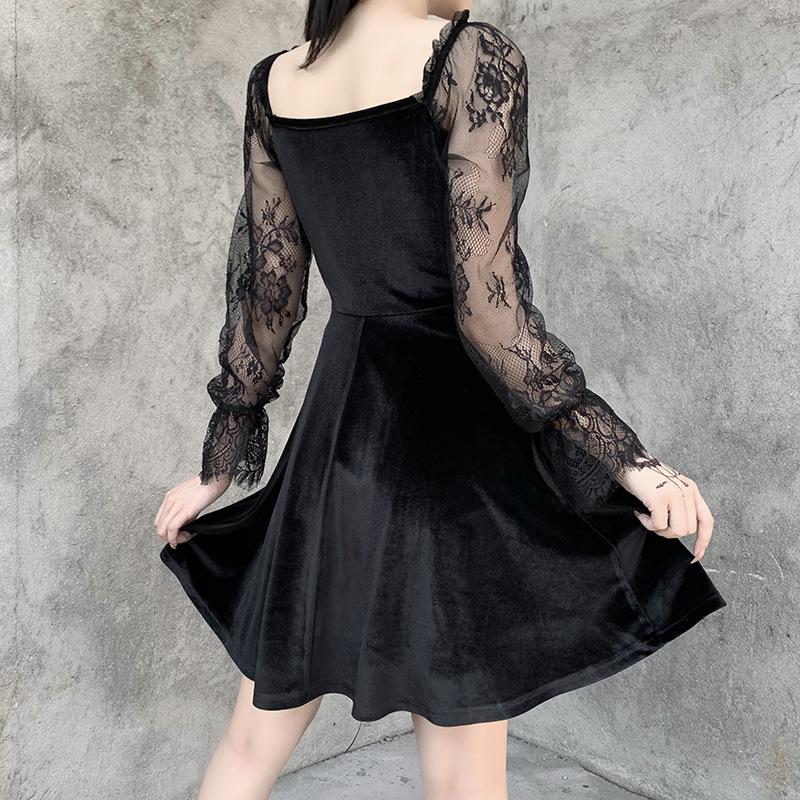 Lolita Style Harajuku Womens Slim Dress Sexy Long Sleeve Bandage Patchwork Lace Party Female Mini Short Dresses Casual