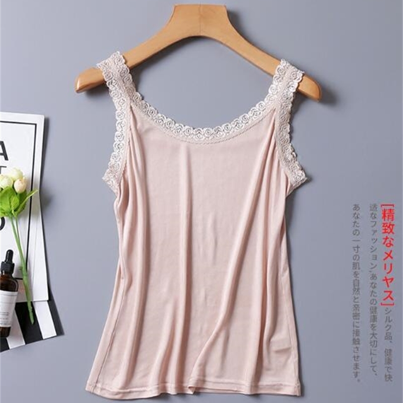 100% Silk Knit Lace Camisole Tank Top Vest Shirt Sleepwear Spaghetti Strap TG312 210625