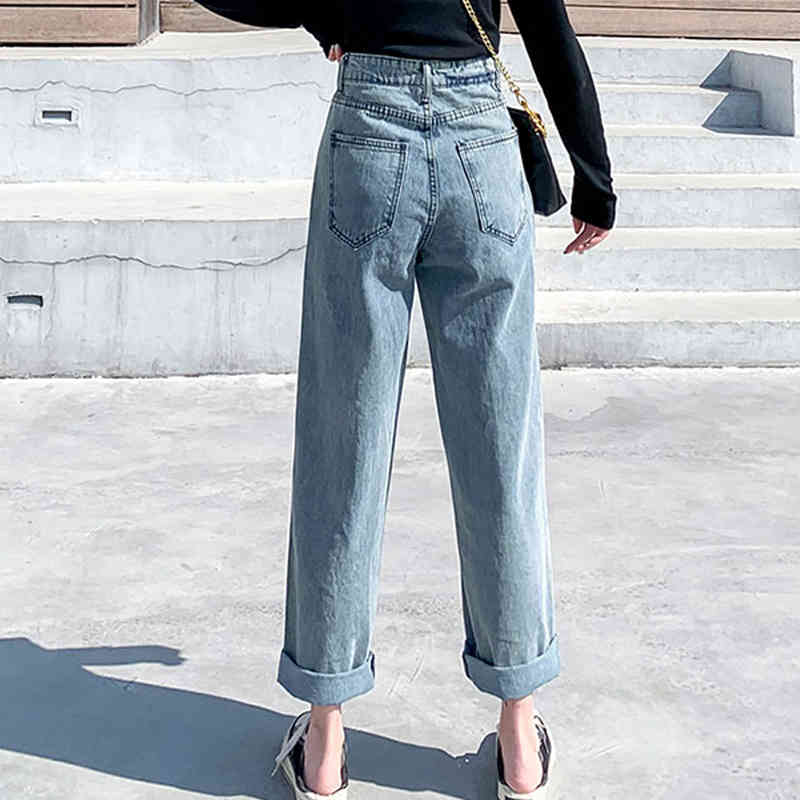 Korean Style Women Allmatch Loose High Waist Straight Wide Leg Pants Fashion Blue Jeans Full Length Trousers 10733 210417