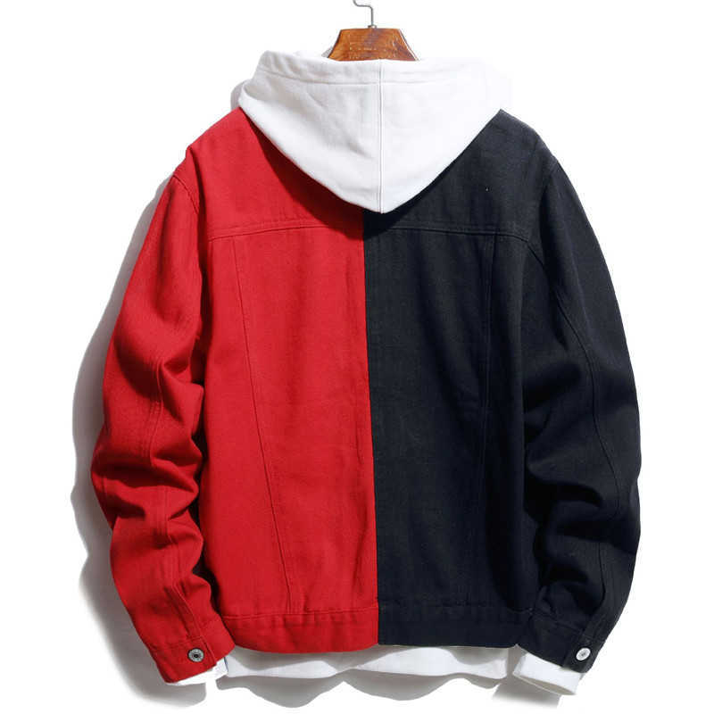 Autumn winter men denim jacket fashion self-cultivation casual two-color stitching black/red black/blue black/white jeans jacket 210818