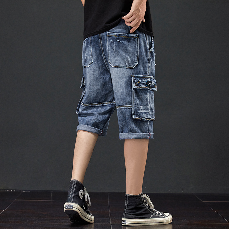 Denim Shorts Jeans 3/4 Men Hole Side Pockets Breeches Jean Destroyed Calf Pants Summer Destressed Trouser Male Style Cargo Jeans 210518
