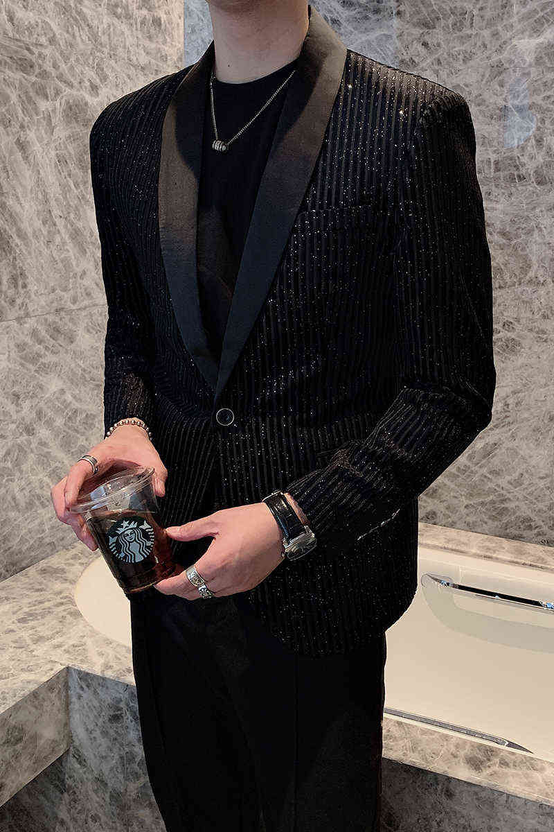 Blazer Men Sequins Male Striped Suit Jacket Korean Style Slim Fit Casual Men Fashion Black Stage Club Party Blazers 211120