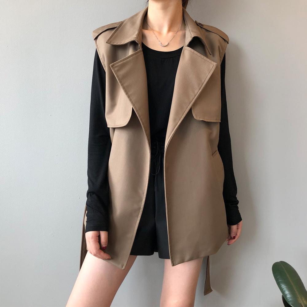 Fahion Minimalist Sleeveless Vest Trench Coat Elegant OL Overcoat Autumn Loose Lapel Casual Windbreaker Tops 210421
