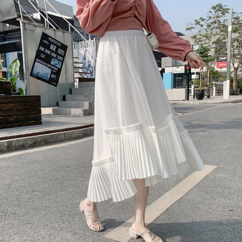 white skirt pleated mesh sweet cute asymmetrical long high waist black casual daily wear chic patchwork 210421