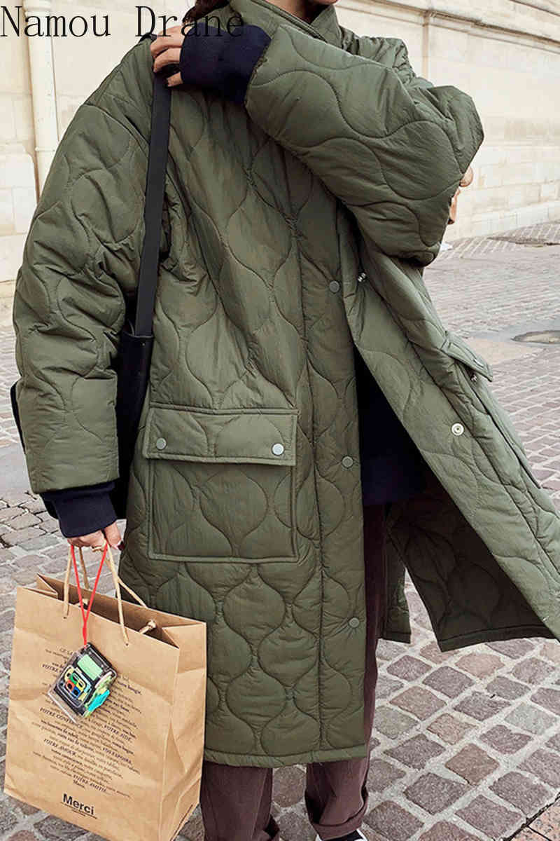 South Korea's chic autumn/winter retro li-collar diamond-print loose medium-length oversize thick cotton coat woman. 210429