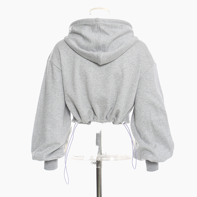 VGH Drawstring Hooded Sweatshirtf For Women Hollow Out Lantern Sleeve Sexy Crop Top Casual Hoodies Female Autumn Fashion 210421