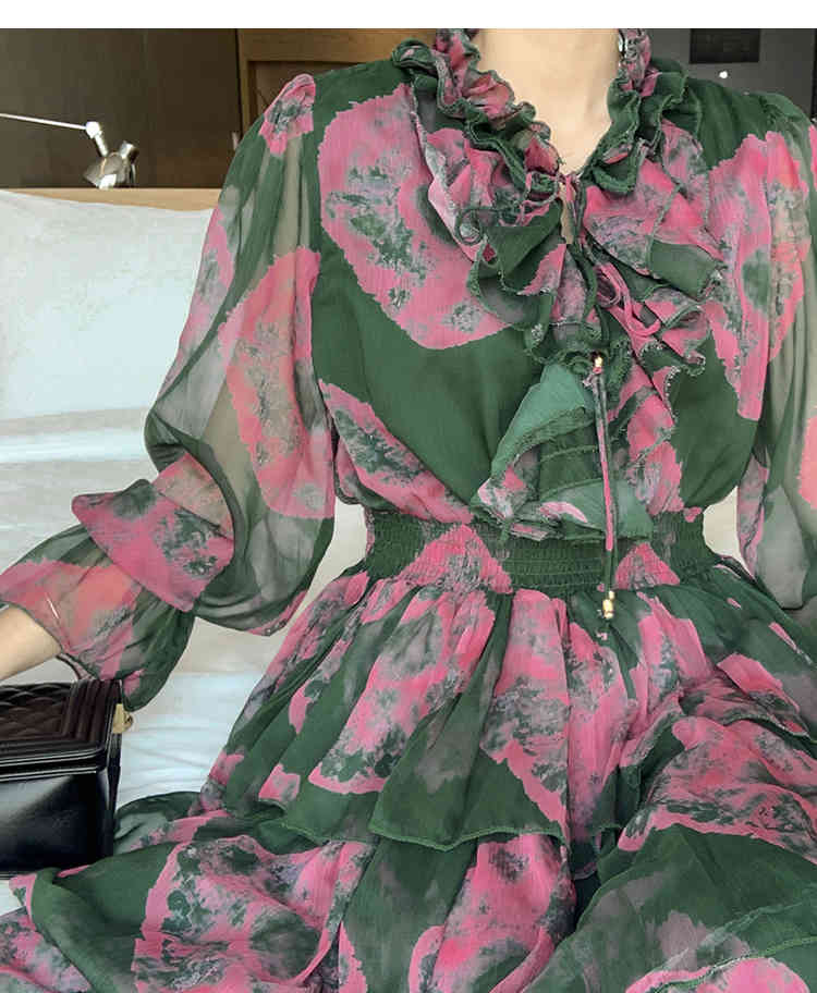 Summer Korean Long Dresses Ruffled Chiffon Print Cake Dress Lady Evening Party Sexy Beach Holiday Vestidos 210506