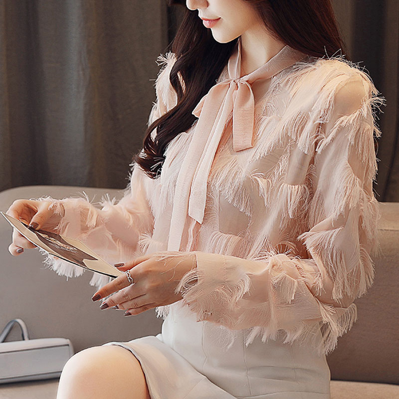 blusas mujer de moda Women Blouses Casual Pink and White Elegant ladies tops Long Sleeve Bow Women Clothing 5544 50 210417