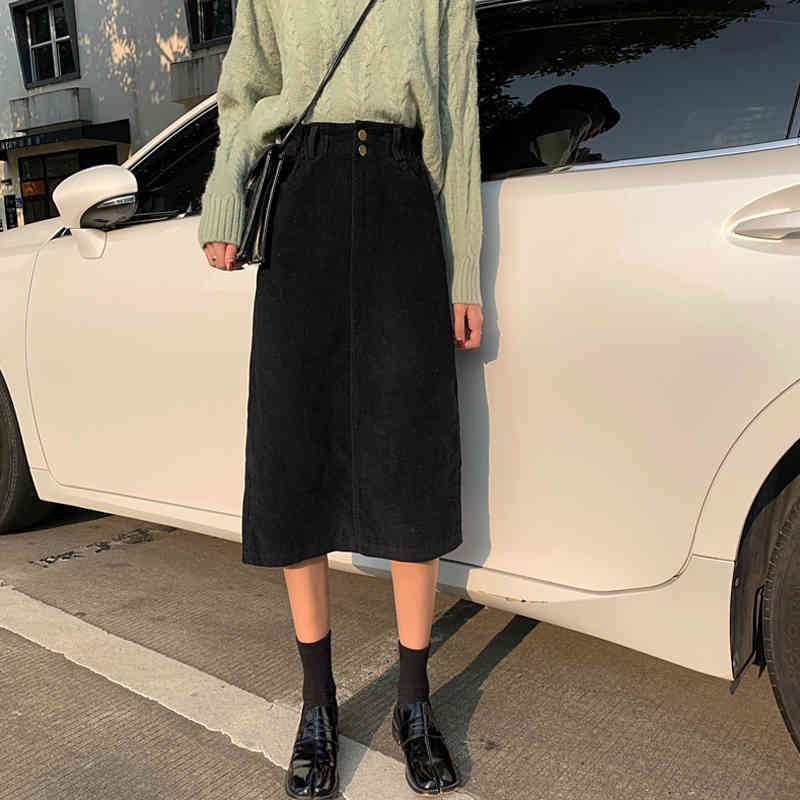 High Waist Midi Corduroy Side Slit Skirt Women A-line Loose Streetwear Skirts Female Pockets Denim Skirts Autumn Winter 210408