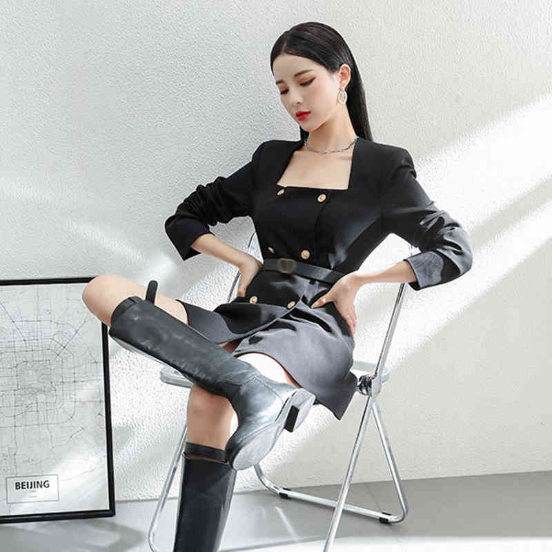 VGH Black Elegant Dress For Women Square Collar Long Sleeve High Waist Slim Dresses Female Spring Clothing Fashion New Tide 210421