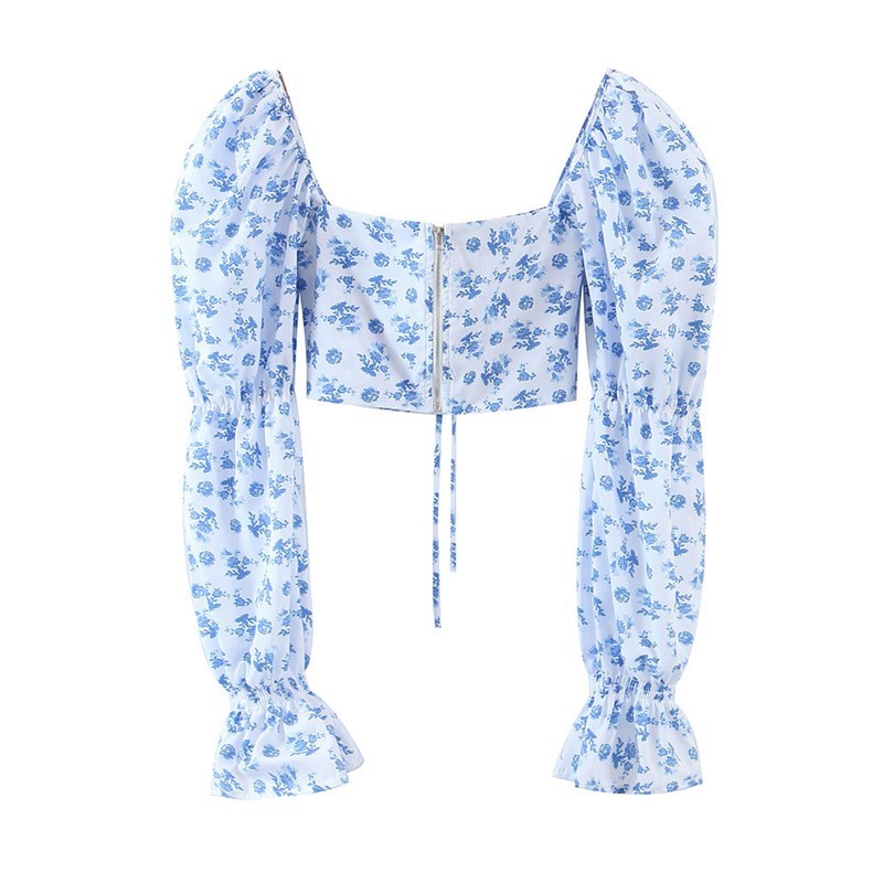 Vintage Blue White Floral Print Crop Shirt Women Sexy Square Neck Back Zipper Long sleeve Slim Fit Blouse Tops 210429