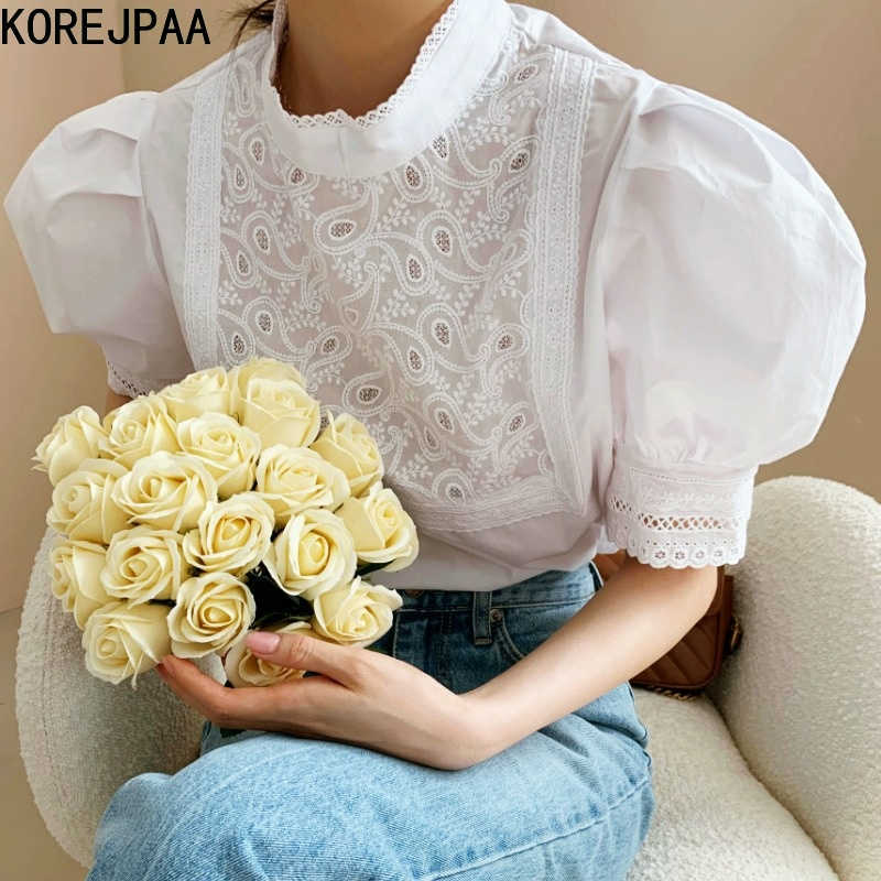 Korejpaa Women Shirt Summer Korean Chic Vintage Stand Collar Lace Embroidery Loose Solid Versatile Bubble Sleeve BlouseTop 210526, White 
Korejpaa Women Shirt Summer Korean Chic Vintage Stand Collar Lace Embroidery Loose Solid Versatile Bubble Sleeve BlouseTop 210526, White