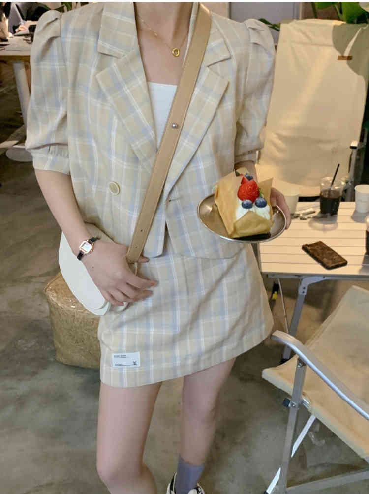 Korea Summer Elegant Two Piece Set Women Fashion Plaid Puff Sleeve Chic Top + High Waist Bodycon Mini Skirts Suit 210519