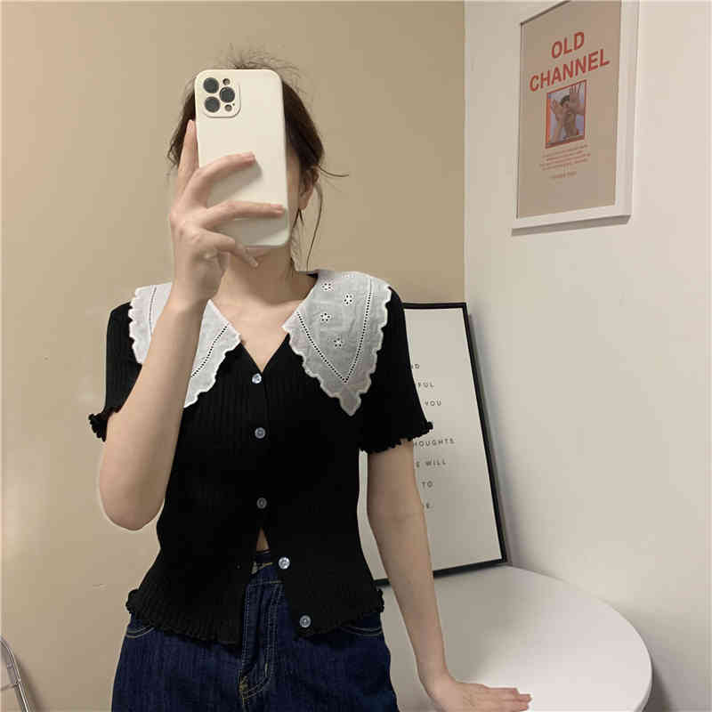 Summer Knitted Cardigan Tops Women Short Sleeve Lace Collar Sweater Korean Elegant Ladies Jumpers Femme 210519
