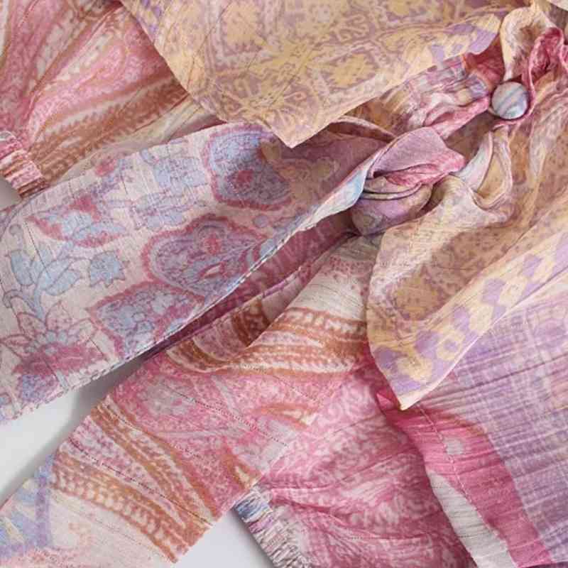Summer Women Paisley Print V Neck Cascading Ruffle Short Shirt Female Nine Quarter Sleeve Blouse Lady Crop Tops Blusas S8902 210430