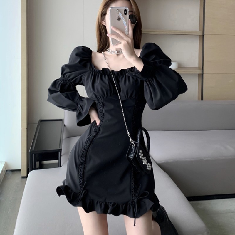Summer Retro Stitching Wood Ears Lace Cross Lacing Up Puff Sleeve Club Dress for Woman White Casual Mini Dresses 210519