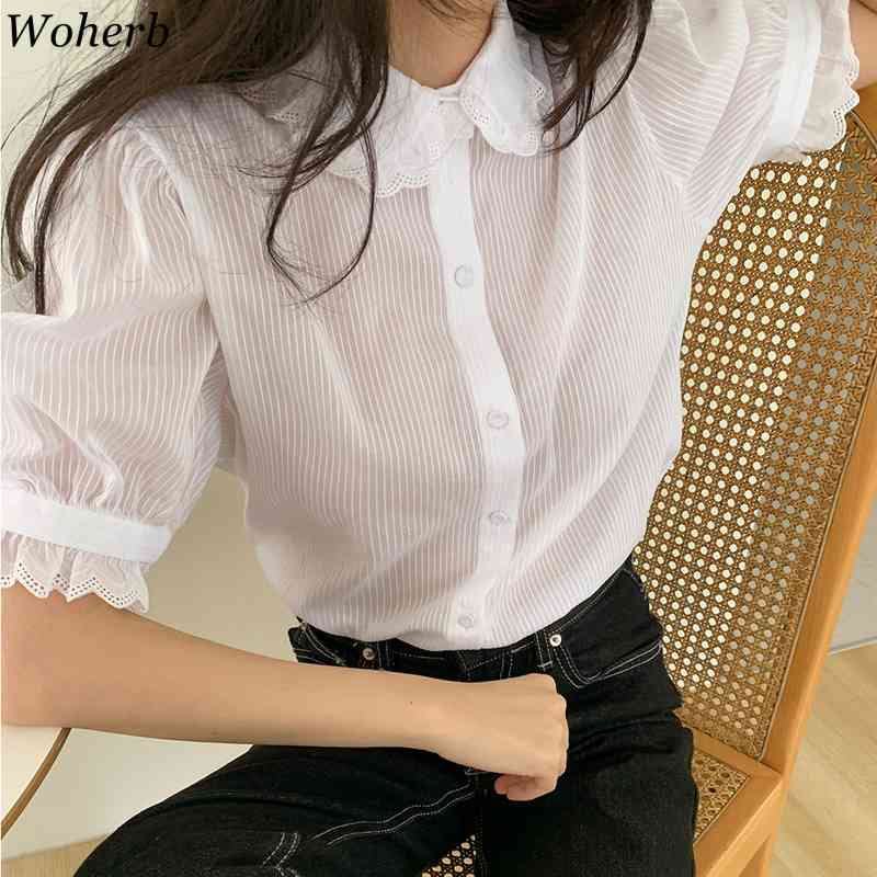 Blusas Striped Lace Tops Women Sweet Kawaii Spring Summer Short Puff Sleeve Blouses Casual All Match Fashion Shirts 210519