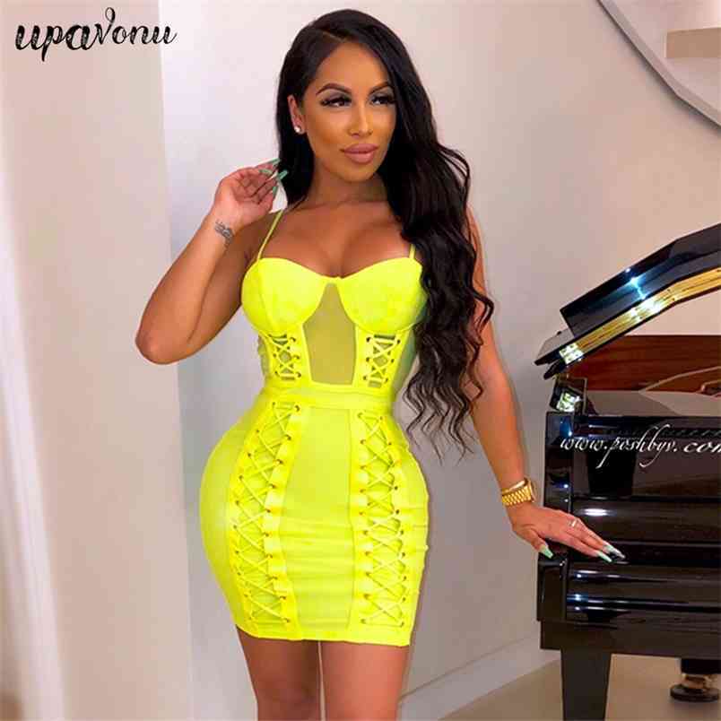 Free Women's Summer Bandage Dress Fluorescent Green Spaghetti Strap Sleeveless Bodycon Sexy Party Lace-up Dresses 210524