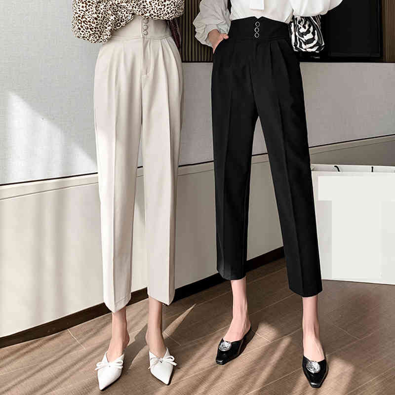 Office Lady Solid Casual Suit Spring Autumn Workwear Straight High Waist Trousers Korean Harem Capris Pants B11323P 210416