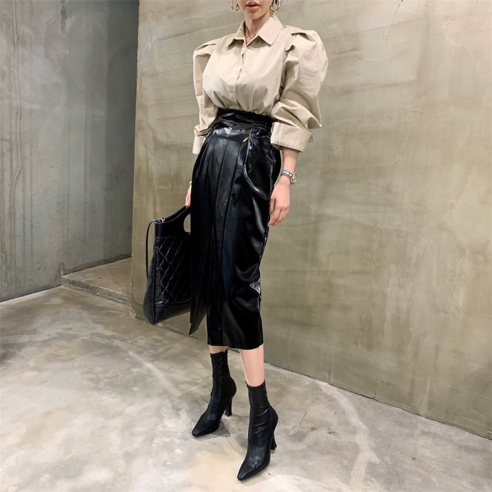Black Solid Sexy Formal PU Leather Elegant Long Skirt Women Autumn Spring High Waist Office Ladies Pencil Skirts 210421